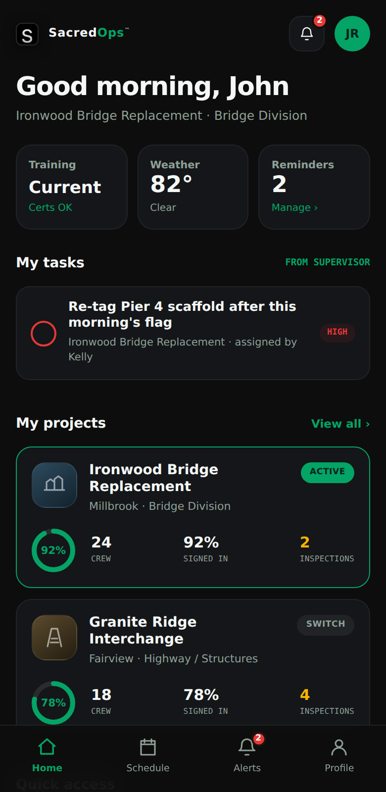 SacredOps worker portal home