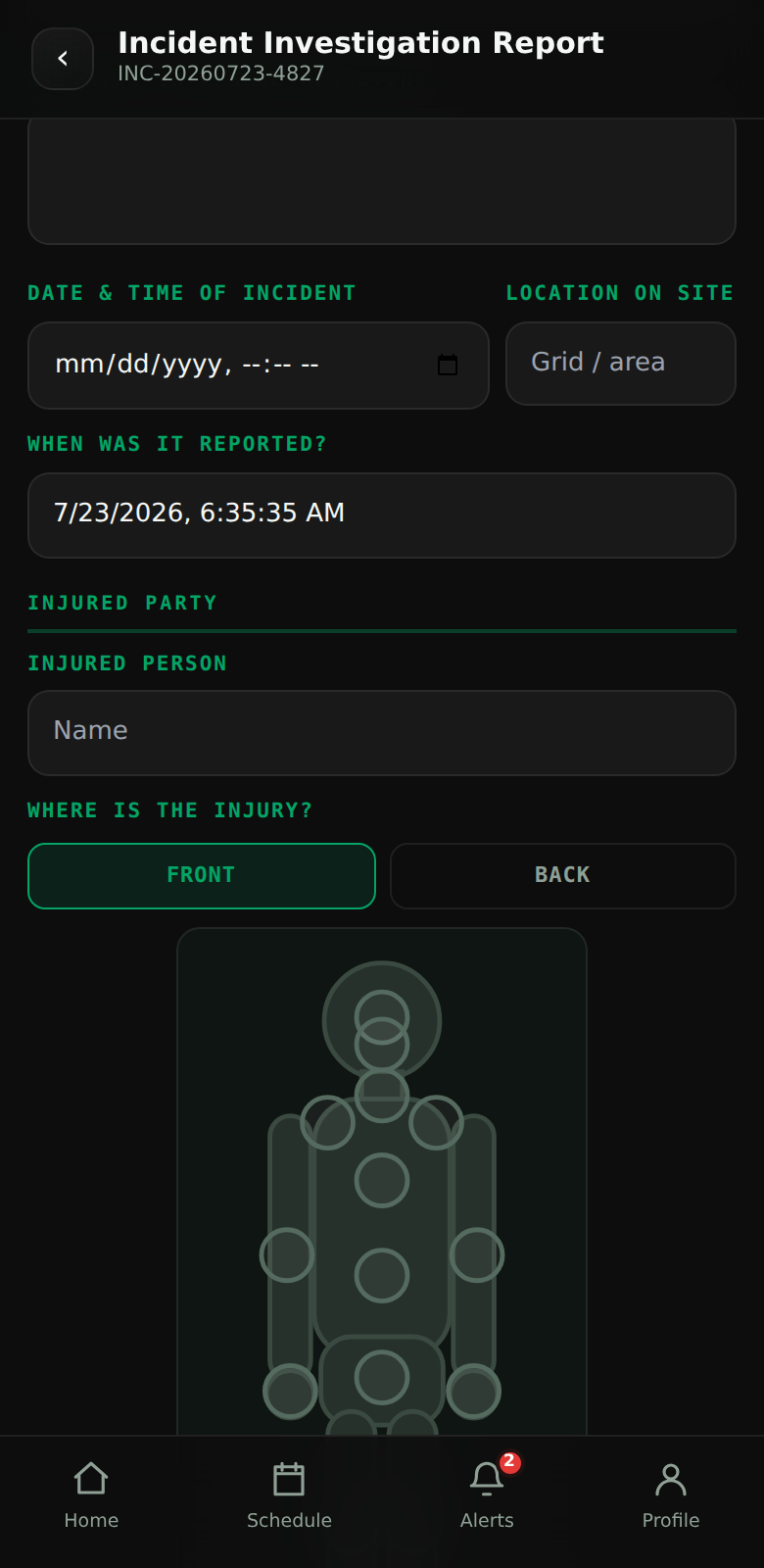 SacredOps worker incident report with body diagram